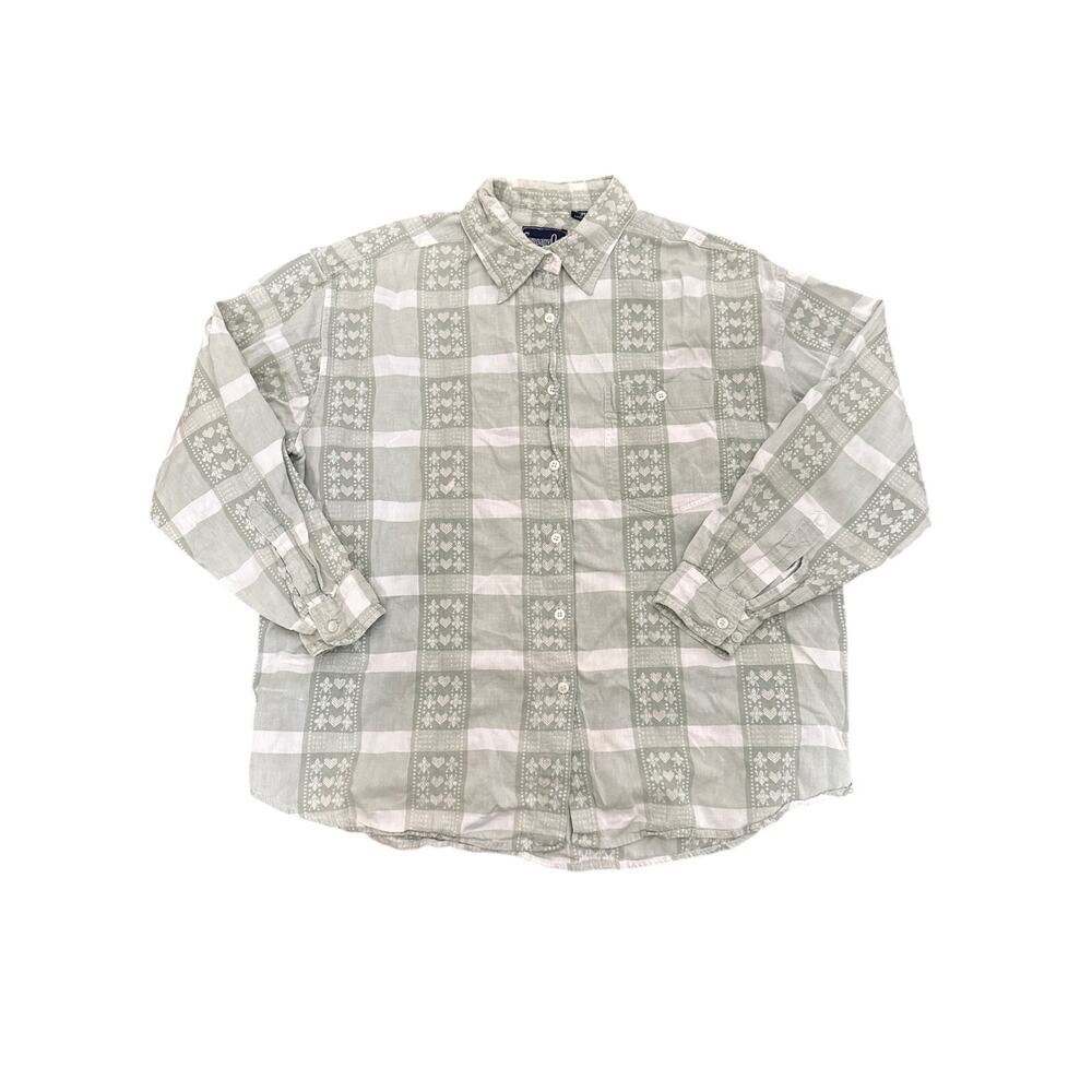 Company One Womens Sz 2X 100% Cotton Long Sleeve Button Up Shirt Green White
